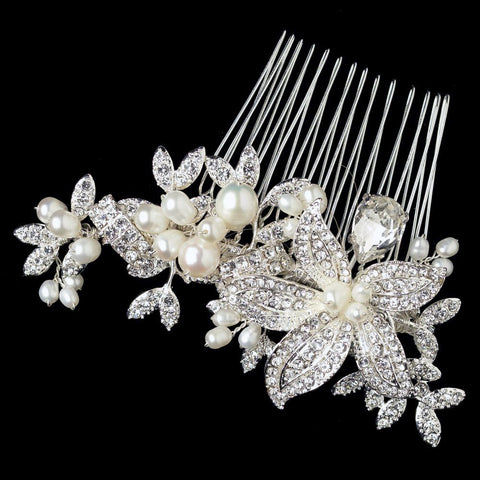 Silver Clear Freshwater Pearl & Rhinestone Flower Bridal Wedding Hair Comb 21