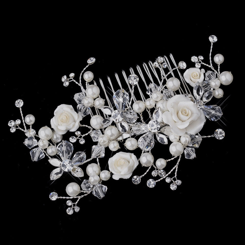 Silver Ivory Pearl, Austrian Crystal Bead and Rhinestone Rose Bridal Wedding Hair Comb 2882