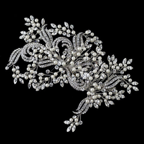 Rhodium Ivory Pearl & Clear Rhinestone Couture Vine Bridal Wedding Hair Comb 2993
