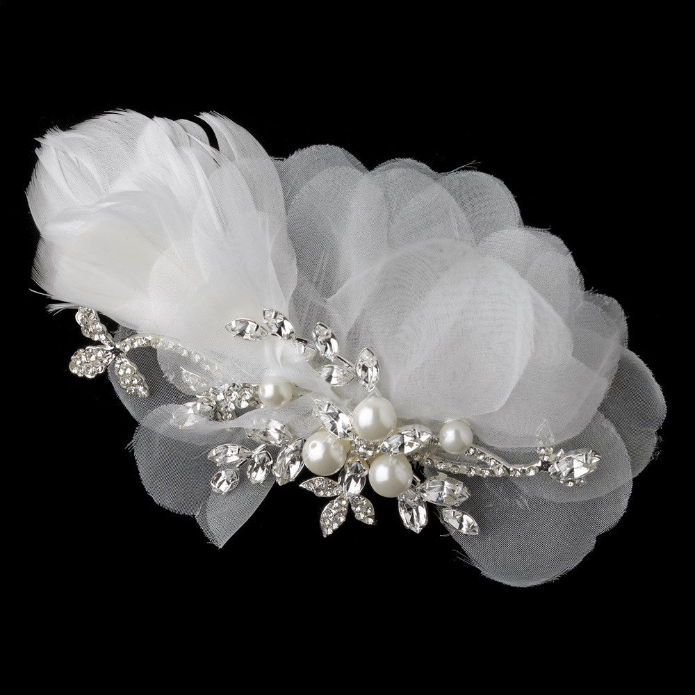 Rhinestone & Pearl Ivory Sheer Organza Feather Bridal Wedding Hair Comb 3200