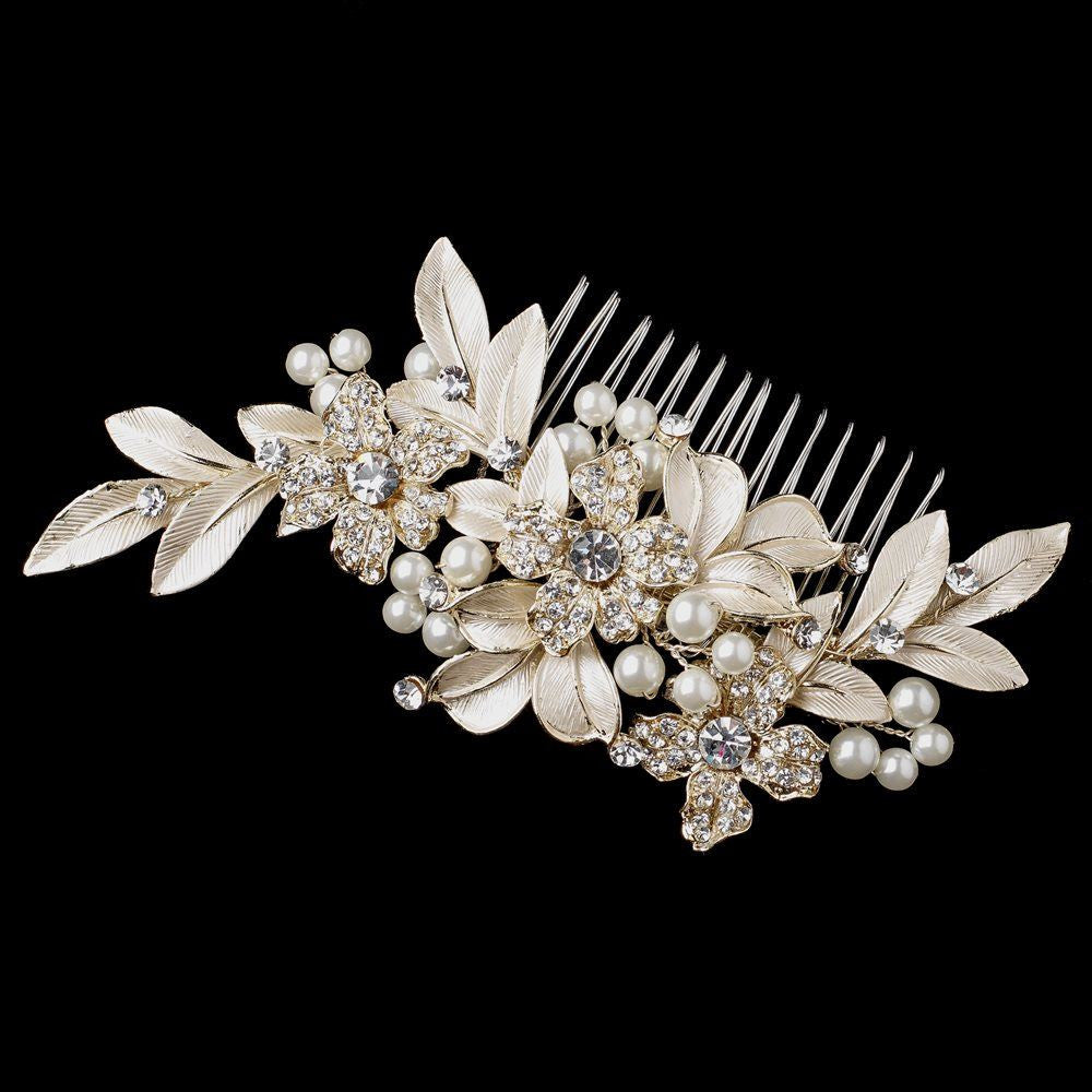 Gold Ivory Pearl & Rhinestone Flower Leaf Bridal Wedding Hair Comb 36