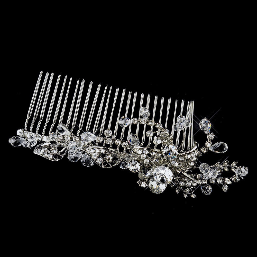 Antique Silver Clear Crystal & Rhinestone Bridal Wedding Hair Comb 3644