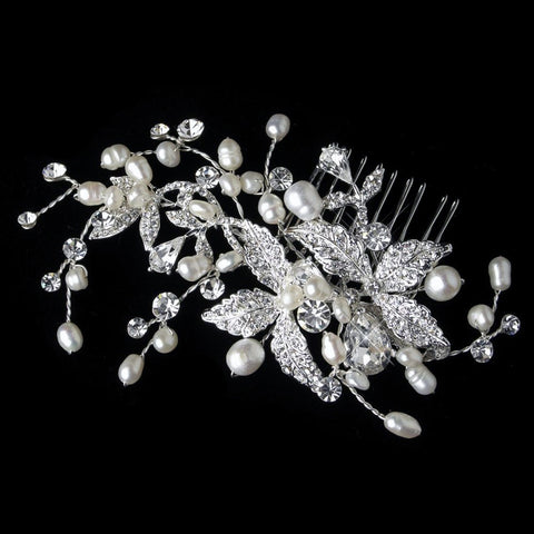 Silver Rhinestone & Freshwater Pearl Floral Leaves Bridal Wedding Hair Comb 366