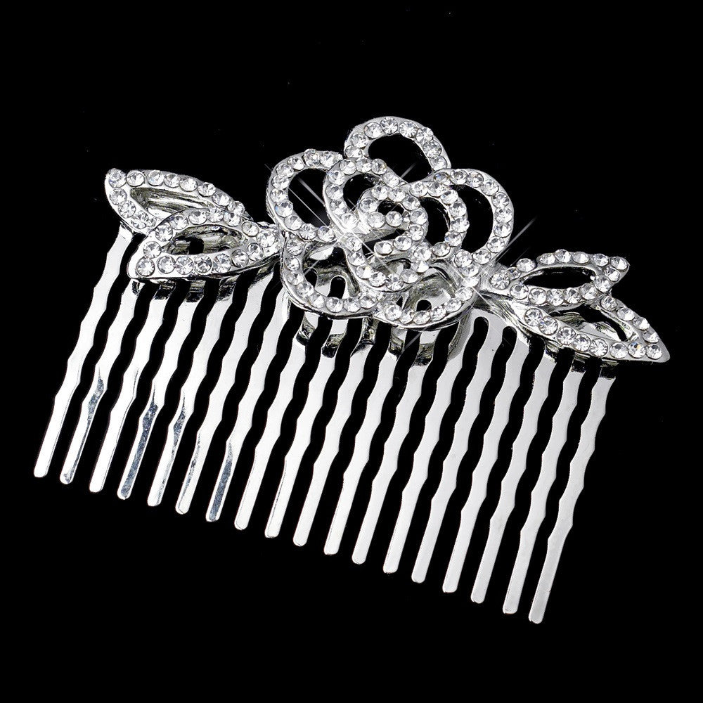 Antique Silver Clear Rhinestone Flower Bridal Wedding Hair Comb 4010