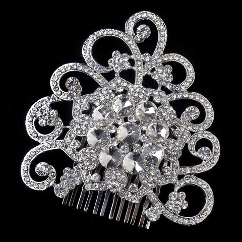 Antique Rhodium Vintage Floral Rhinestone Covered Swirl Side Bridal Wedding Hair Comb in Silver 403