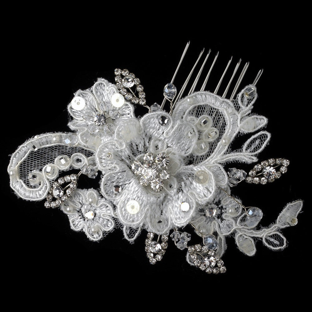 Rhodium Ivory Floral Lace Bridal Wedding Hair Comb 4099 with Swarovski Crystal Bead, Rhinestone & Sequin Accents