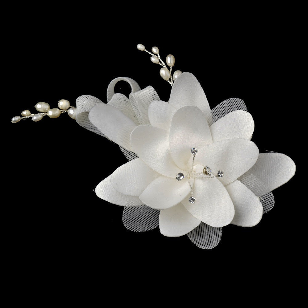 Silver Ivory Matt Satin Rhinestone & Freshwater Pearl Flower Bridal Wedding Hair Comb 41