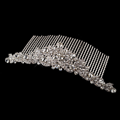Antique Silver Clear Rhinestone Floral Bridal Wedding Hair Comb 411