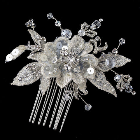 Rhodium Ivory Lace & Crystal Flower Bridal Wedding Hair Comb 4121