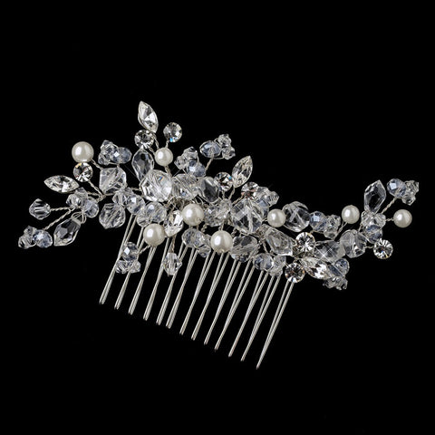 Rhodium Diamond White Pearl & Crystal Bridal Wedding Hair Comb 4158