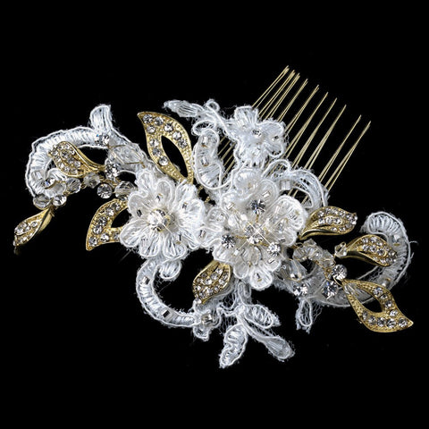 Gold Ivory Lace, Rhinestone, Bead & Swarovski Crystal Floral Bridal Wedding Hair Comb 4182