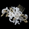 Gold Ivory Lace, Rhinestone, Bead & Swarovski Crystal Floral Bridal Wedding Hair Comb 4182