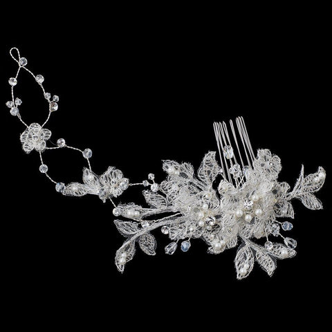 Floral Lace Vine Bridal Wedding Hair Comb with Pearls & Crystals 4187