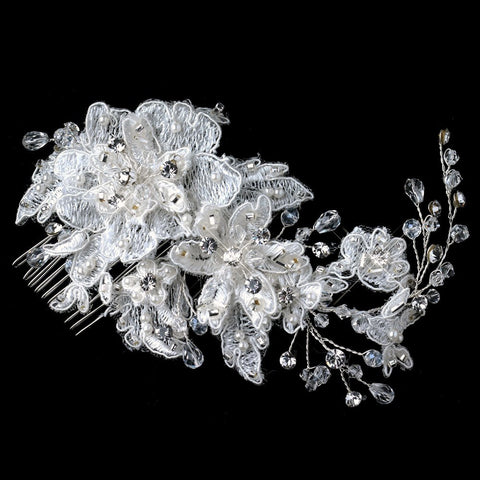 Silver Ivory Lace, Rhinestone, Bead & Swarovski Crystal Floral Bridal Wedding Hair Comb