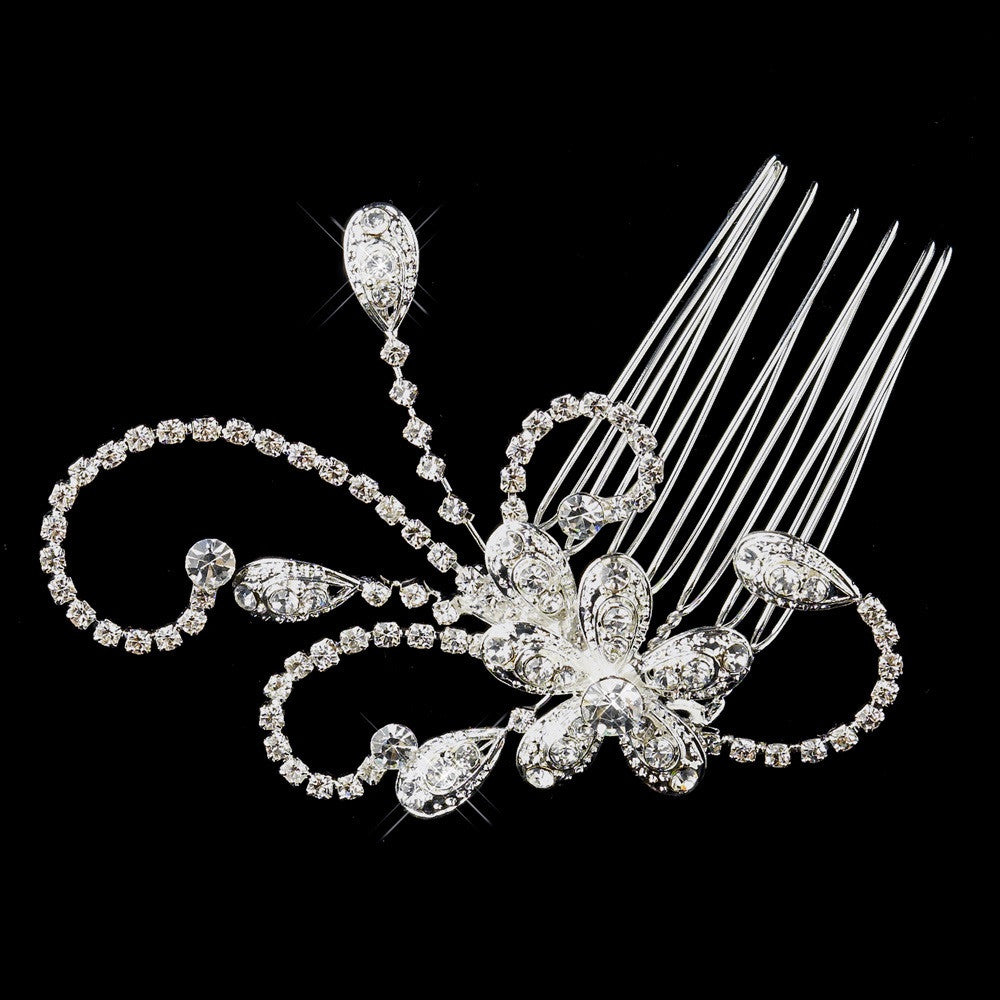 Silver Clear Floral Rhinestone Side Bridal Wedding Hair Comb 4285