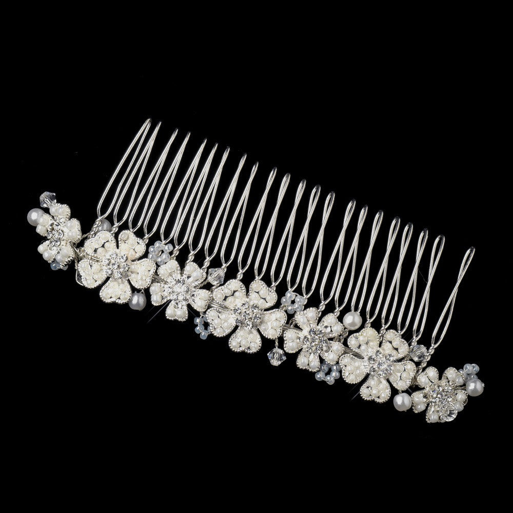 Silver White Pearl Rhinestone & Bugle Bead Floral Bridal Wedding Hair Comb 43