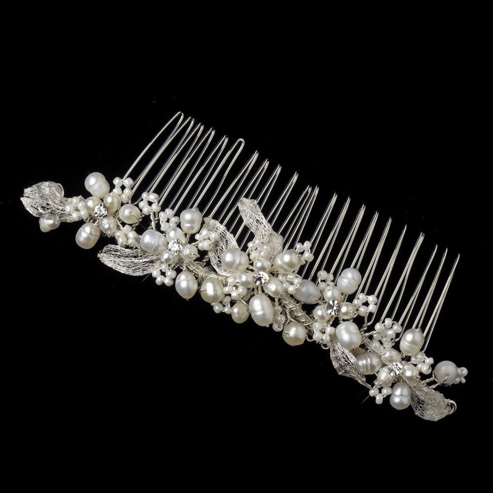 Silver Freshwater Pearl, Rhinestone & Bugle bead Bridal Wedding Hair Comb 44