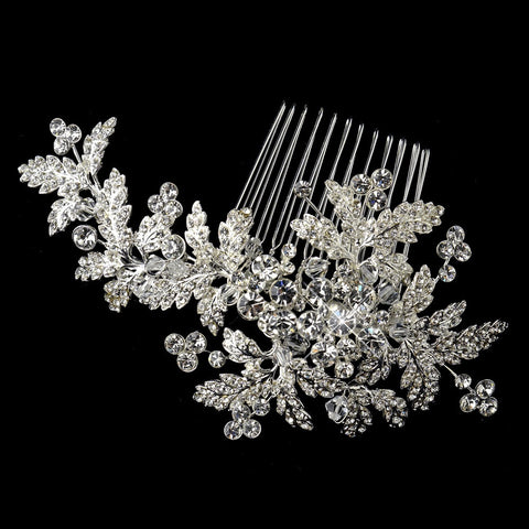 Antique Rhodium Silver Clear Rhinestone Floral Bridal Wedding Hair Comb 4400