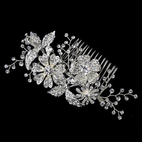 Antique Rhodium Silver Clear Rhinestone Floral Flower & Vine Bridal Wedding Hair Comb 4403