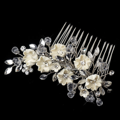 Silver Ivory Porcelain Flower, Swarovski Crystal Bead & Rhinestone Bridal Wedding Hair Comb 45