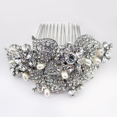 Antique Rhodium Silver Rhinestone & Freshwater Pearl Bridal Wedding Hair Comb 47