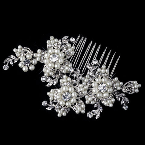 Rhodium Diamond White Pearl & Rhinestone Floral Bridal Wedding Hair Comb 4721