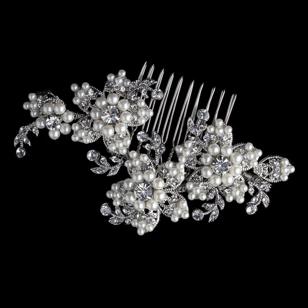 Rhodium Diamond White Pearl & Rhinestone Floral Bridal Wedding Hair Comb 4721
