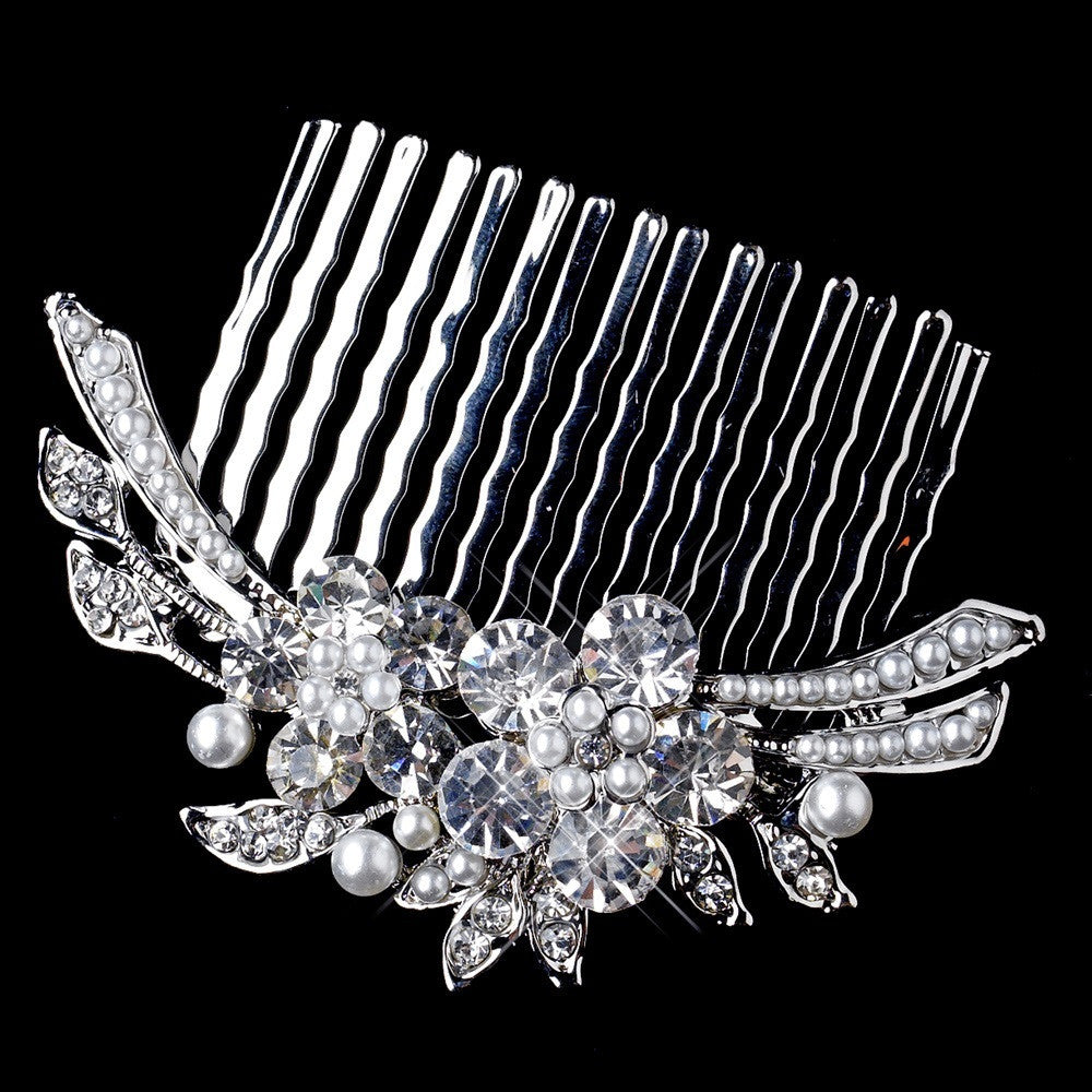 Antique Silver Rhinestone & White Pearl Bridal Wedding Hair Comb 5555
