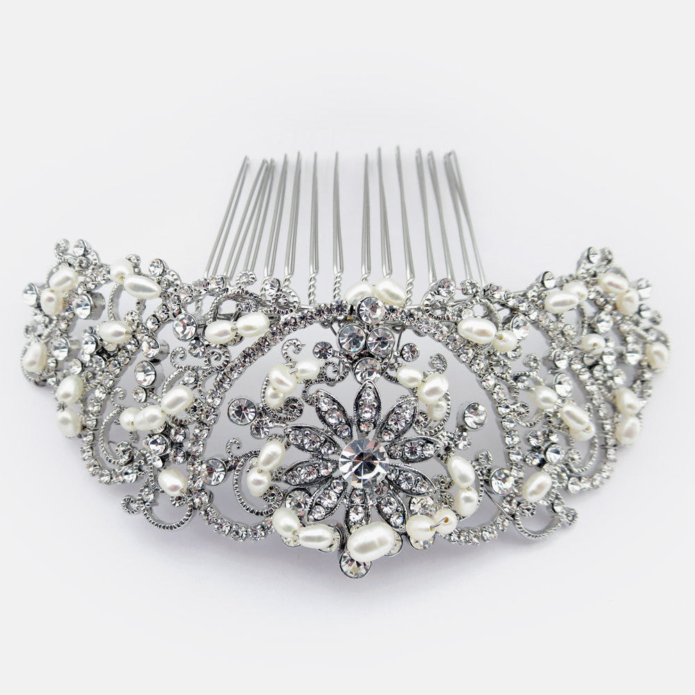 Rhodium Silver Rhinestone Lace Bridal Wedding Hair Comb W/ Freshwater Pearl Accents Bridal Wedding Hair Comb 59