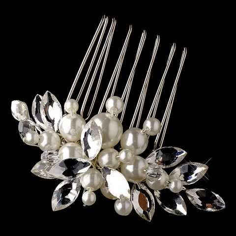 Silver Diamond White Pearl & Rhinestone Bridal Wedding Hair Comb 601