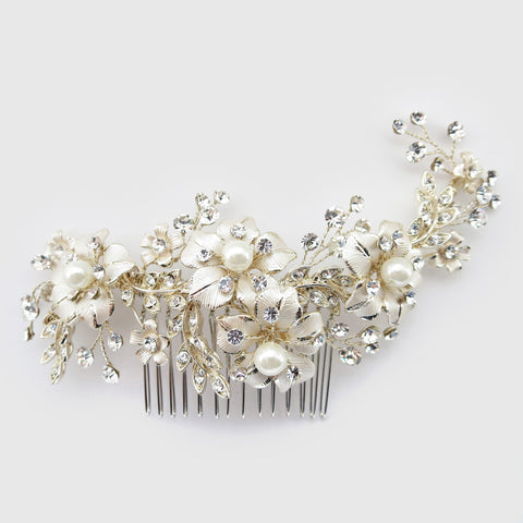 Lt Champagne Gold Plated Rhinestone & Ivory Pearl Floral Bridal Wedding Hair Comb 62