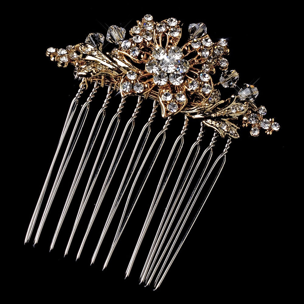 Fabulous Petite Gold Bridal Wedding Hair Comb w/ Clear Rhinestones & Austrian Crystals 6287