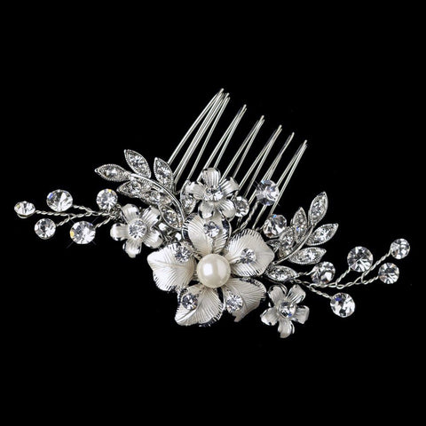 Rhodium Clear Rhinestone & Ivory Pearl Petite Flower Bridal Wedding Hair Comb 63