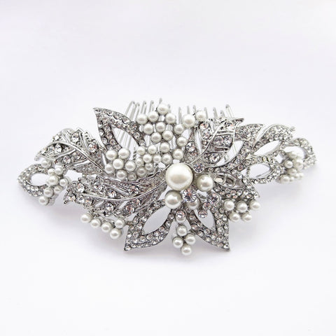 Antique Silver Rhodium Diamond White Pearl & Rhinestone Bridal Wedding Hair Comb 6357