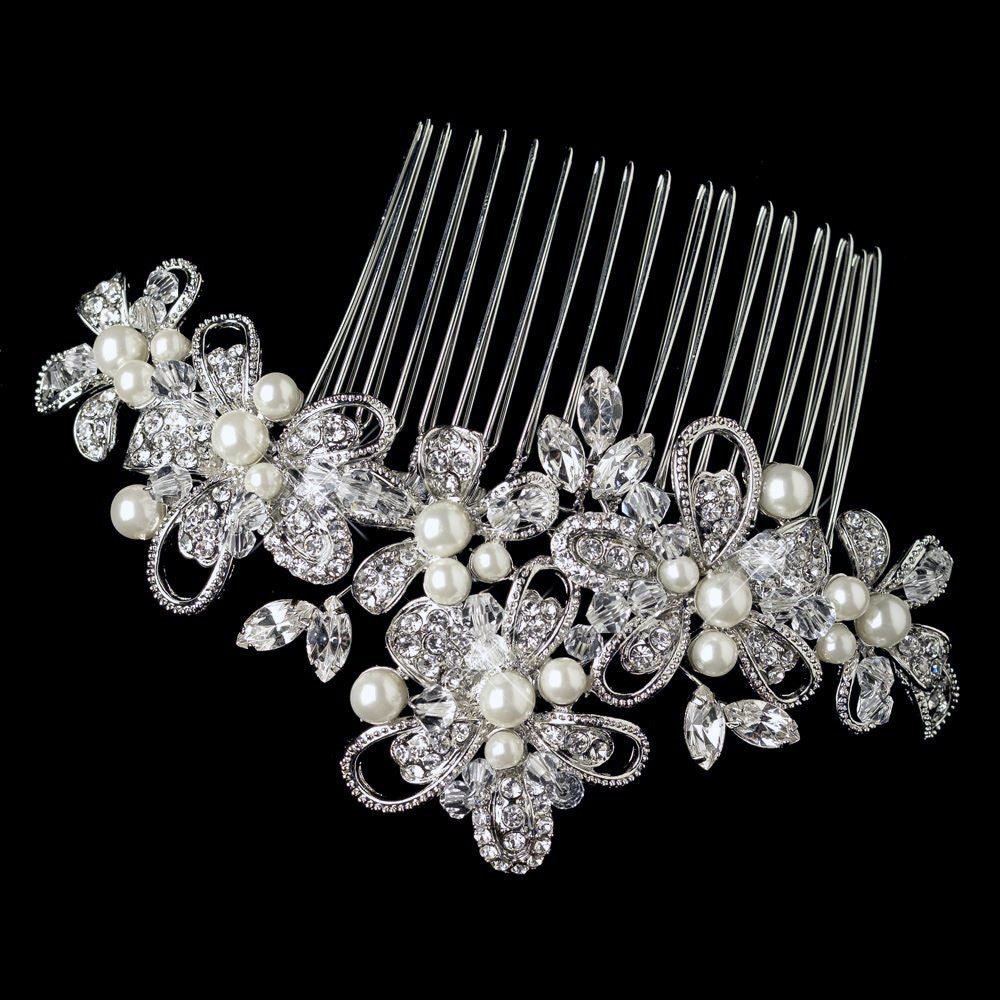 Rhodium Diamond White Pearl, Swarovski Crystal Bead & Rhinestone Floral Ribbon Bridal Wedding Hair Comb 64