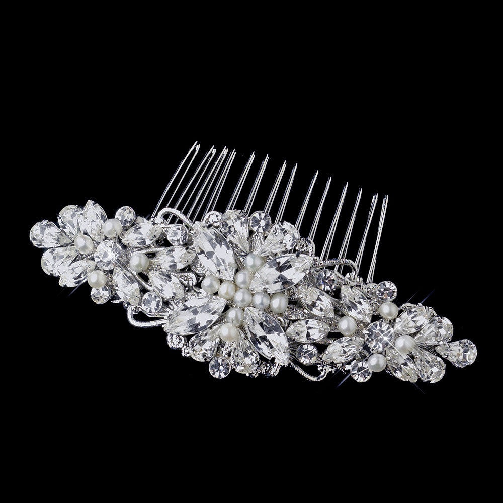 Antique Silver Rhodium Clear Rhinestone & Ivory Pearl Floral Bridal Wedding Hair Comb 654