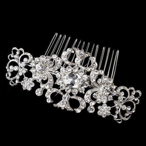 Antique Silver Rhodium Clear Rhinestone Swirl Bridal Wedding Hair Comb 656