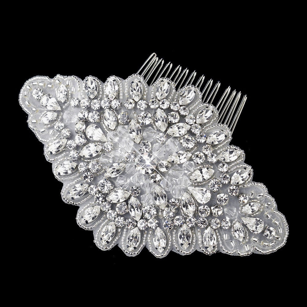 Antique Silver Rhodium Clear Rhinestone & Glass Bead Fabric Bridal Wedding Hair Comb 657