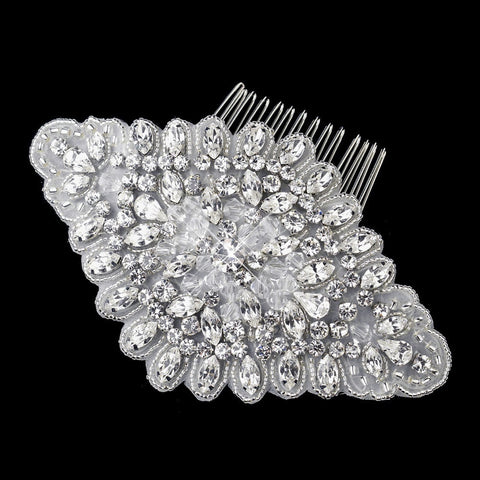 Antique Silver Rhodium Clear Rhinestone & Glass Bead Fabric Bridal Wedding Hair Comb 657