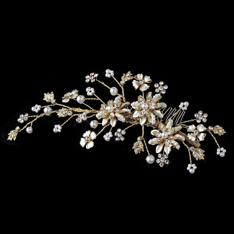 Elegant Floral Pearl Vine Bridal Wedding Hair Comb 7096 Gold
