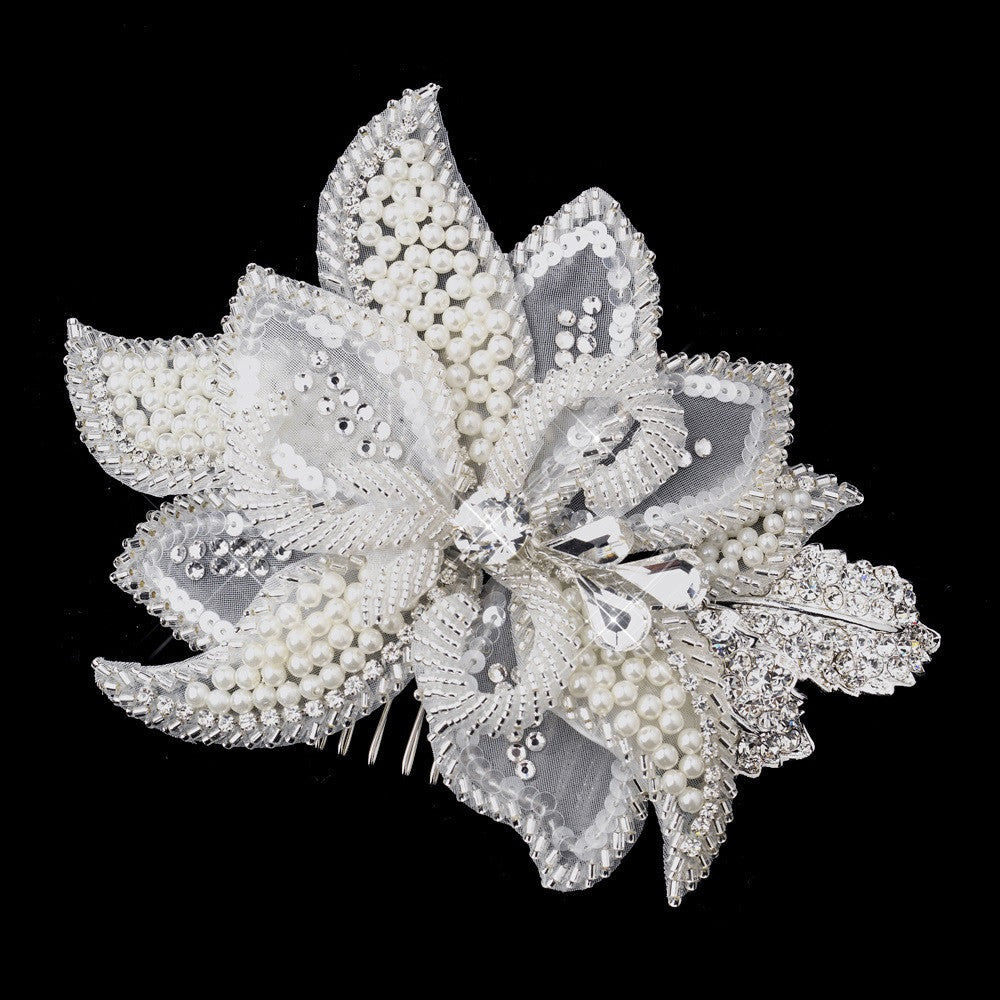Silver Ivory Pearl, Rhinestone, Crystal, Sequin, and Bugle Bead Floral Bridal Wedding Hair Comb 7105
