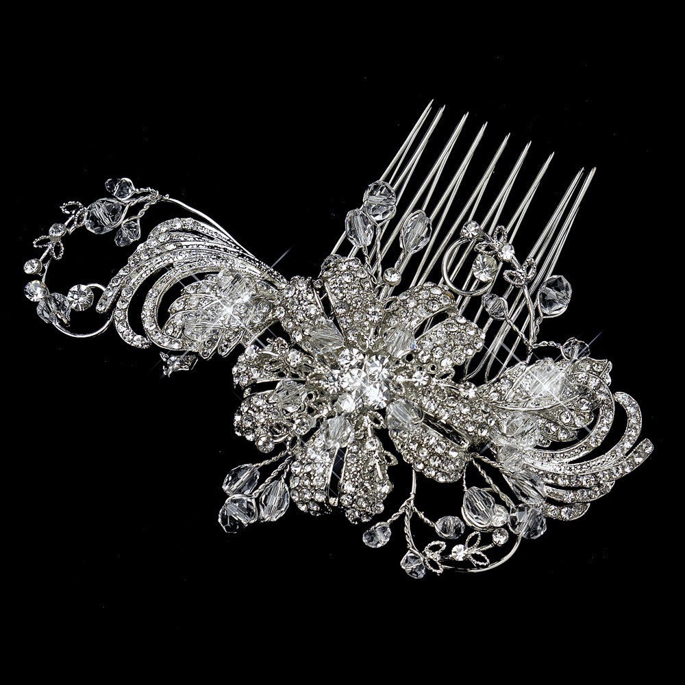 Antique Silver Clear Crystal & Rhinestone Flower Bridal Wedding Hair Comb 763