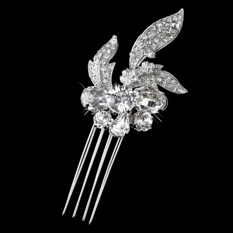 Antique Silver Clear Rhinestone Flower Bridal Wedding Hair Comb 764