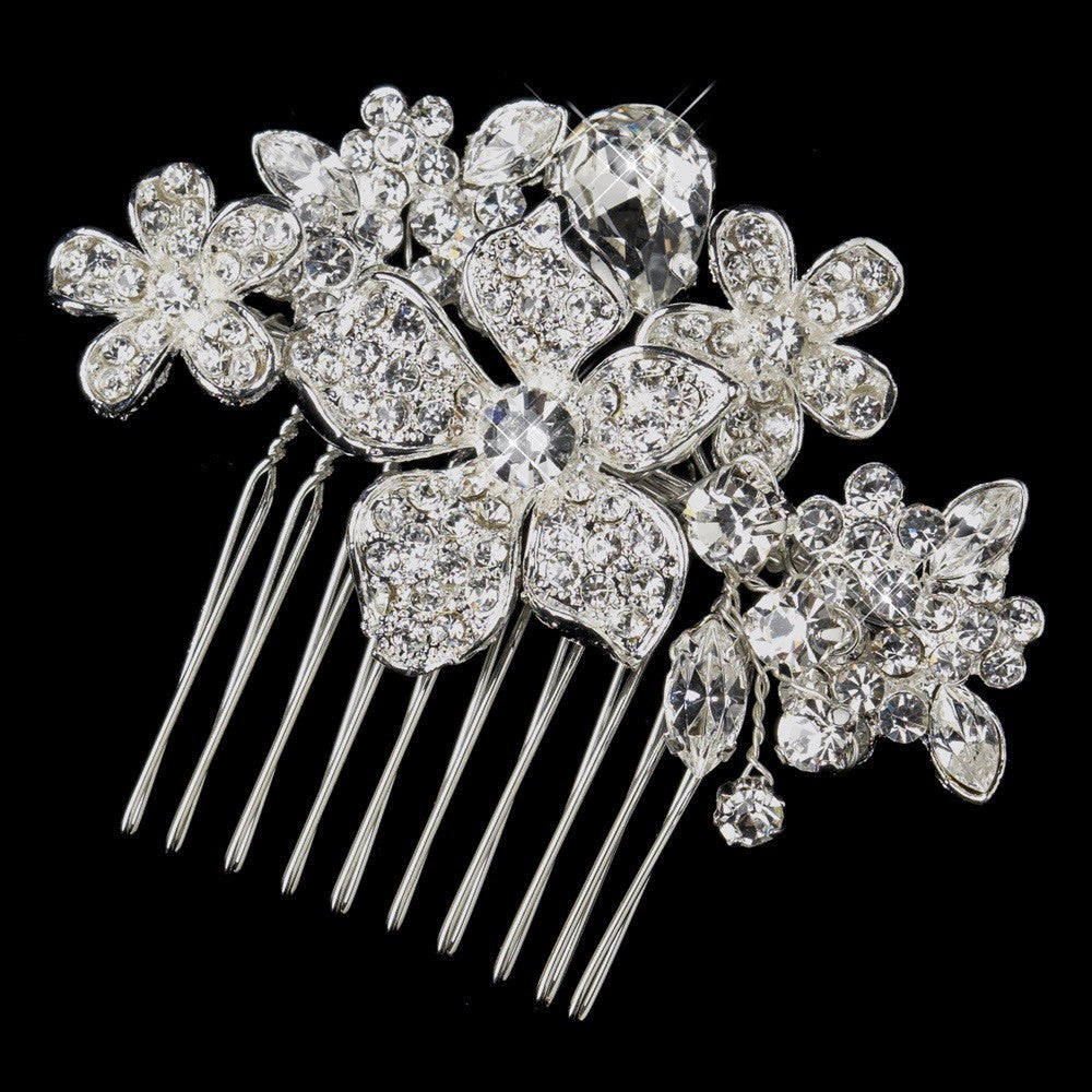 Bridal Wedding Hair Comb 7752 Silver Clear Floral Bridal Wedding Hair Comb