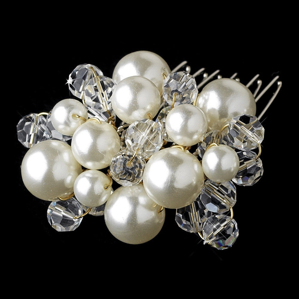 Beautiful Gold Clear Crystal & Ivory Pearl Bridal Wedding Hair Comb 8154