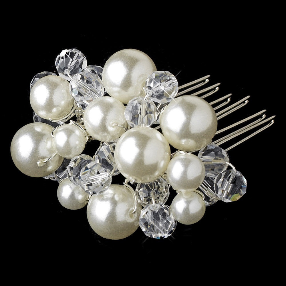 Beautiful Silver Clear Crystal & Ivory Pearl Bridal Wedding Hair Comb 8154