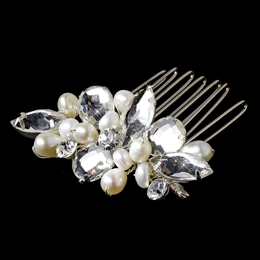 Dazzling Silver Clear Rhinestone & Freshwater Pearl Bridal Wedding Hair Comb 8247