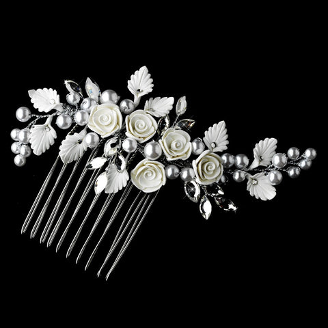 Lovely Silver Pearl & White or Ivory Flower Bridal Wedding Hair Comb 8258