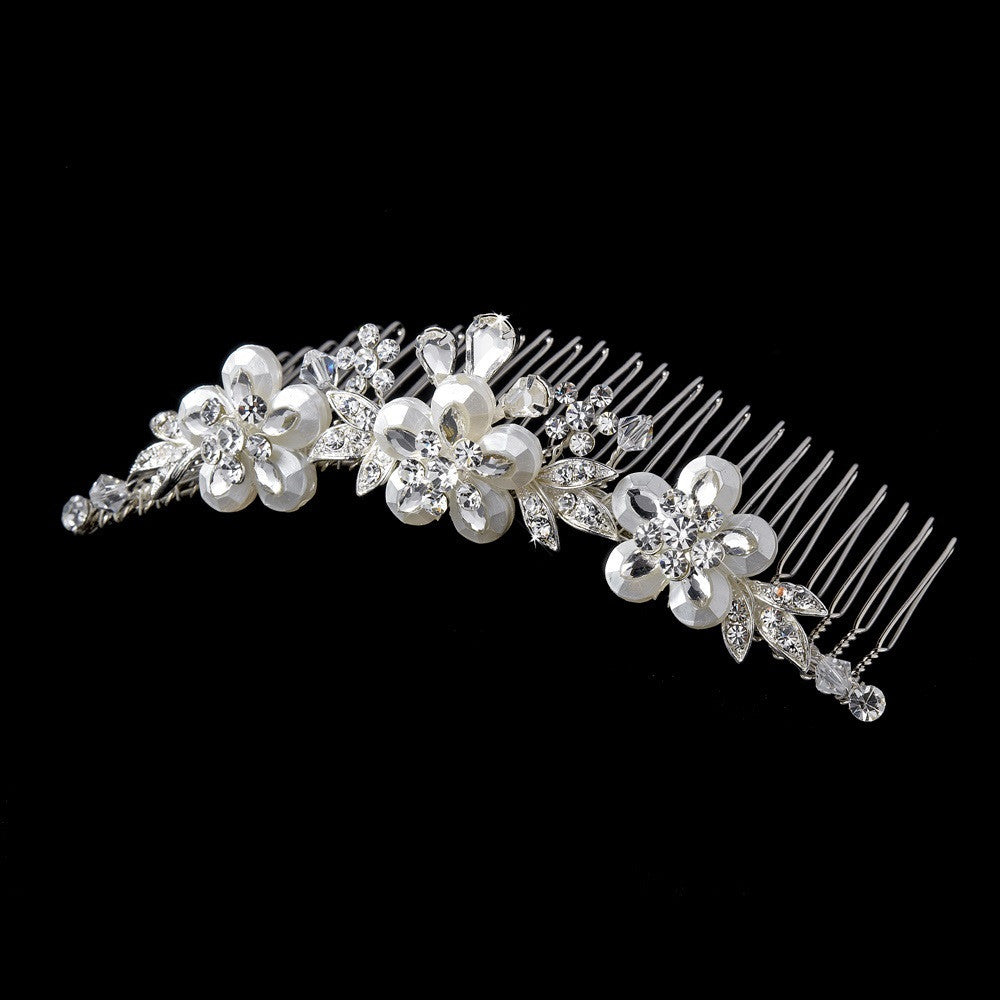 * Exquisite Silver Floral Bridal Wedding Hair Comb w/ Swarovski Crystals & Clear Rhinestones 8274