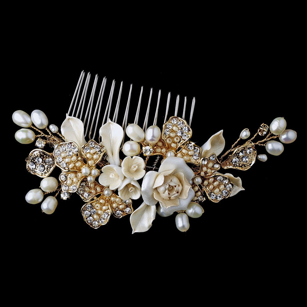 Precious Gold Flower Headpiece Bridal Wedding Hair Comb w/ Ivory Pearls 8278